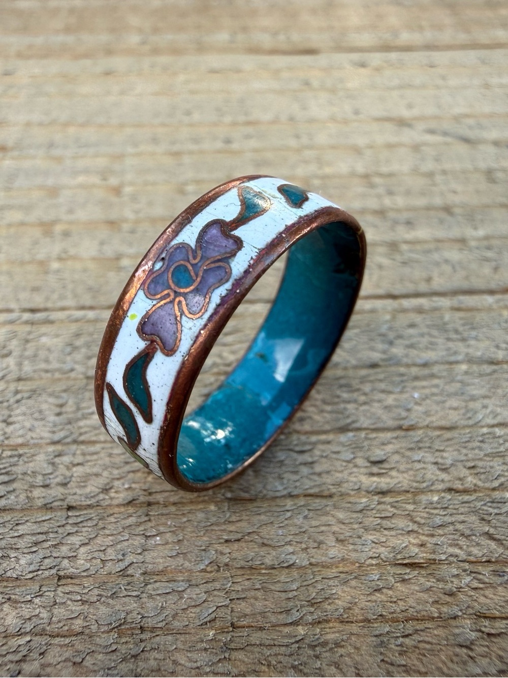Vintage Cloisonné Copper Enamel Band Ring Size 7, colorful flower ring